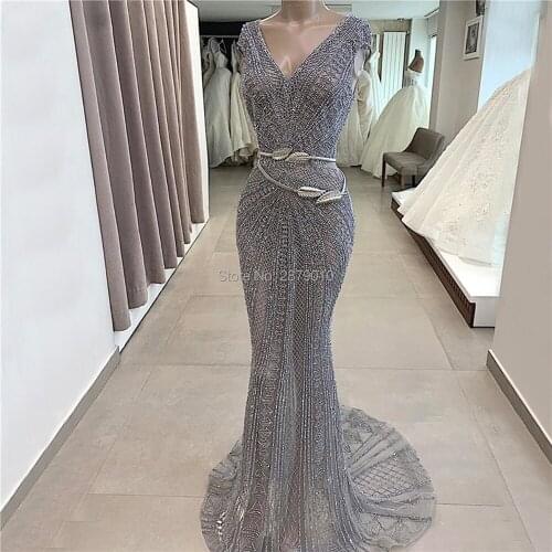 Turkish Kaftans Gray V Neck Evening Dresses Lace Sleeveless Luxury Sash Prom Dress Robe De Soiree Aibye Vestido de festa Dubai