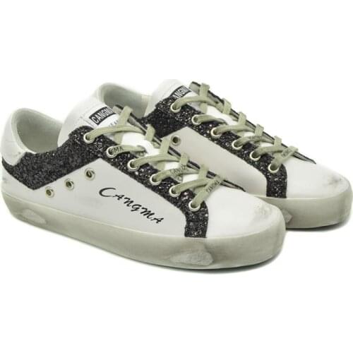 CANGMA Luxury Brand White Designer Sneakers Women Casual Shoes Old Skool Genuine Leather Black Glitter Flats Shoes Female