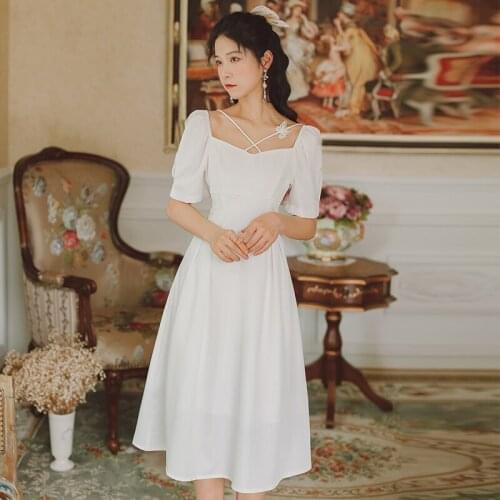 White Fairy Dress Women Summer 2021 French Simple Sweet Pure Bow Knot Cross Tie Ladies Square Neck Elegant Temperament Dresses