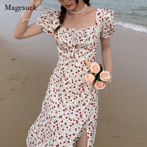 2021 Summer French Floral Beach Dress Sexy Square Collar Long Dress White Yellow Printing Party Dress Robe Femme 14689