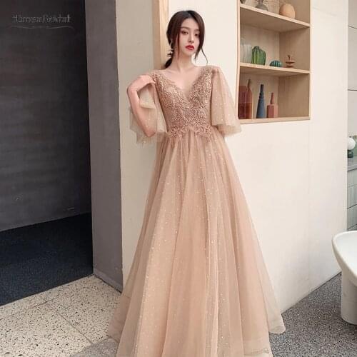 A Line Gold Prom Dresses Short Sleeves 2021 New Beads Bling Simple Women vestido de fiesta de boda Evening Party Dress JQ805