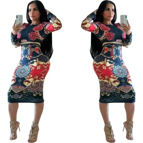 Zoctuo 2019 Women Winter Sexy Night Club Dress Printed Elastic Waist Pullover O neck Long Sleeve Pencil Mini Dress