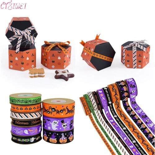 10Yards Halloween Grosgrain Ribbon Printed Ribbons Polyester Ribbon Hexagon Candy Boxes For Halloween Decor DIY Handmade Materia