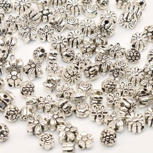 100pcs Silver Material Tibetan Silver Beads Spacer Loose Beads for Charm Jewelry Making Mixed Size Handmade