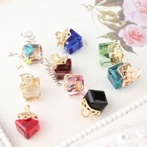 20PCS/Lot Glass Crystal Jewelry Charms DIY Jewelry Findings Gold Tone Caps 3D Cube Square Necklace Bracelet Pendant DIY Charms
