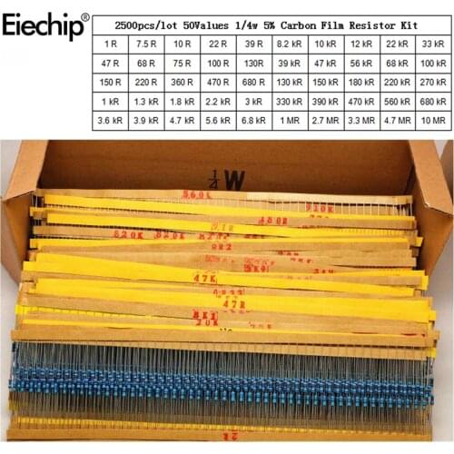 2500pcs 1/4W resistors assorted kit 0.25W Carbon Film resistance set 50 Values Assortment Pack 1 ohm -10 M Resistor Samples pack