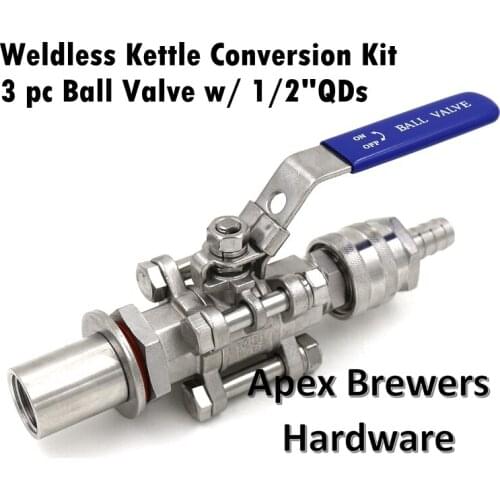 Weldless Kettle Conversion Kit w/ 1/2" Quick Disconnects, 3 pc SS316 Ball Valve, Homebrew Hardware