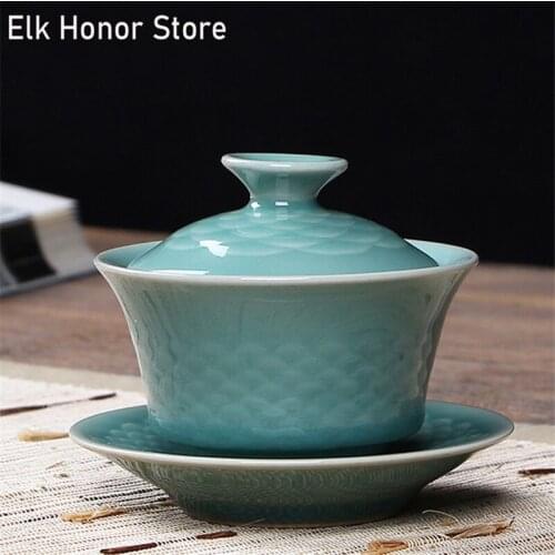 180ml Perlage Celadon Tea Set Master Sancai Tea Tureen Porcelain Sopera Cup Saucer With Lid Kung Fu Tea Household Decoration