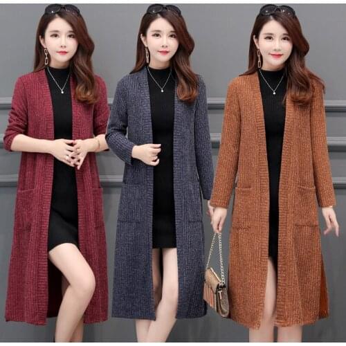 Cardigan Sweater Coat Womens Spring Autumn New Fashion Mid-Length Knit Sweaters V-Neck Windbreaker Thick Loose Casual Outwear