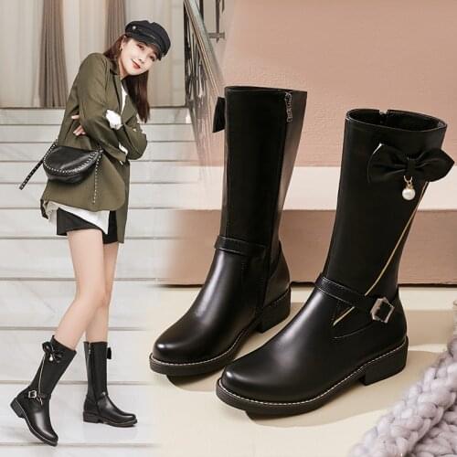 YQBTDL 2020 Sweet Cute Winter Low Chunky Heels Lolita Shoes Princess Buckle Bow Whie Pink Black Ride Mid Long Boots Female Party