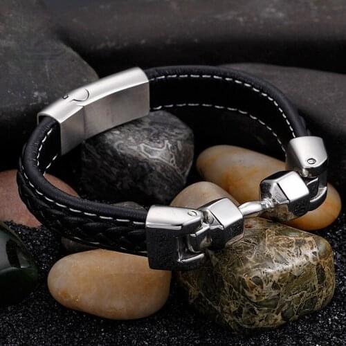 Jewels Store Vintage Black Leather Bracelets For Men Stainless Steel Dumbbell Charm Wrap Bracelet Cheap Homme Retro Jewelry