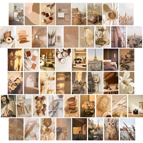 50pcs Boho Art Collage Wall Kit Warm Sunshine Aesthetic Photos Cute Cat Flower Pictures Bedroom Study Interior Home Decoration