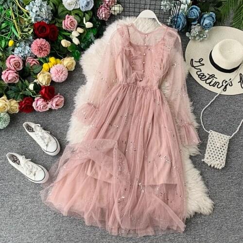 Autumn and winter 2019 new womens Sequin long net yarn fairy super fairy high waist French retro two piece dress