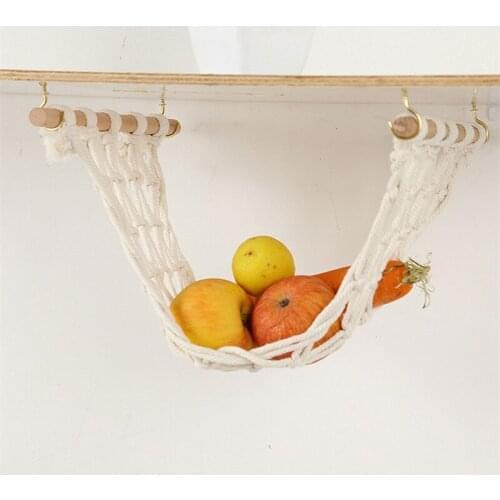 Hanging Fruit Hammock Bohemian Style Woven Net with Wooden Sticks With Hooks for Home
