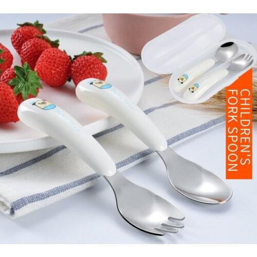 2pcs/lot Portable Baby Feeding Spoon Fork Set Cute Cartoon Stainless Steel Toddler Children Flatware Eating Tableware T0734