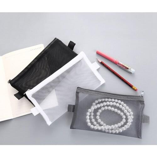 Simple Transparent Mesh School Pencil Case Large Capacity Nylon Pencil Bag School Office Supplies Creative Stationery Pen Case