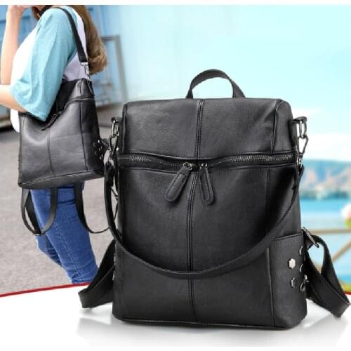 Simple Style Backpack Women Leather Backpacks for Teenage Girls School Bags Fashion Vintage Solid Black Shoulder Bag Youth Bolso