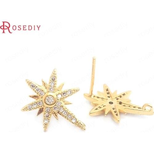 38425)2PCS Height 16MM 24K Gold Color Brass and Zircon with 925 Sterling Silver Pins Star Stud Earrings Jewelry Making Supplies