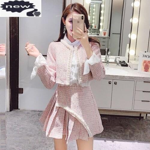 Sweet Pink 3 Piece Sets Women Streetwear 2021 Ruffle Long Sleeve White Shirt Beading Tweed Short Pleated Skirt Suit S-L