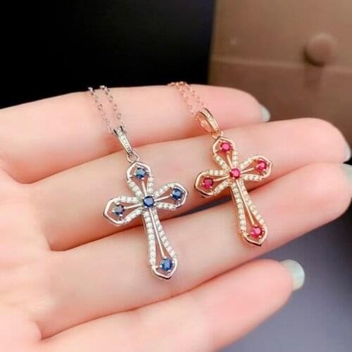 Cross style necklace natural sapphire /ruby gemstone necklace for women silver jewelry 925 sterling silver Christ gift