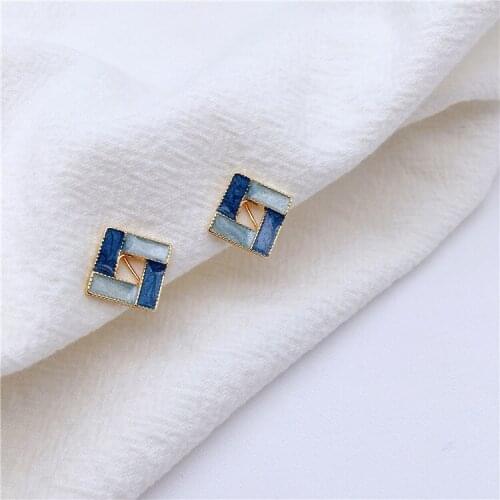 Ultra-white smog blue earrings French geometric drop glaze earrings retro temperament earrings without ear holes