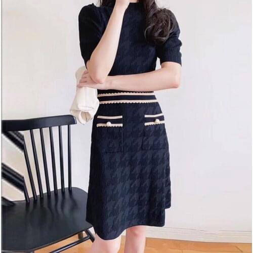 Top Quanlity Color Block Heavy Craft Knitted Dress Short One Piece Puff Sleeve Slim Fit Spring Autumn Robe Vestido Fiesta