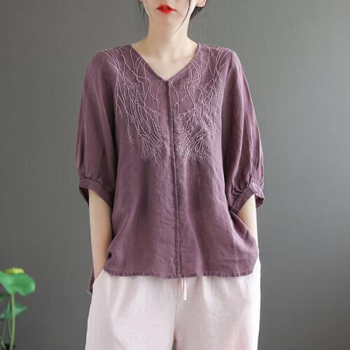 Summer Short sleeve Embroidery Blouse Women Plus size Cotton Linen Shirt V Neck Loose Vintage Clothes Ladies Tops Casual