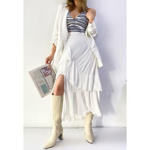 Femme White Midi Skirts High Waist Ruffles Irregular Length Long Skirts A-line Lace Split Skirt Mujer Chic Elegant French Skirts