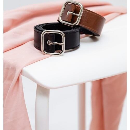 Womens Brown-black Square Buckle 3 Cm Thin Leather Belt-Twin Pack
