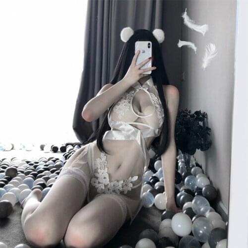 Japanese Lingerie Sexy Women See Through Cosplay Costumes Cheongsam Flower Pattern Anime Outfit Erotic Night Wear Lace Sleepwear