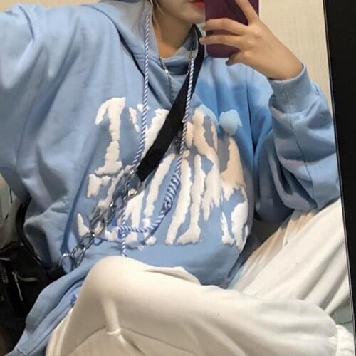 Light blue fried street thin sweater womens hooded 2021 autumn and winter Korean Harajuku style loose top long sleeve jacket