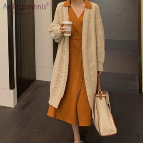 Aelegantmis Vintage Twist Long Knitted Cardigan Women Oversize Winter Fashion Causal Sweater Female Solid Lazy Korean Clothes