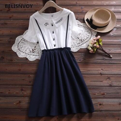 Preppy Style Summer Women Cute Dress Peter Pan Collar Rabbit Embroidery Cotton Girls Dress Elegant Kawaii Students Dress