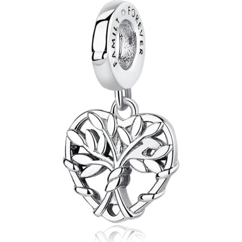 New Original 925 Sterling Silver Bead Heart Family Tree Dangle Charm Fit Pandora Bracelet Necklace DIY Women Jewelry