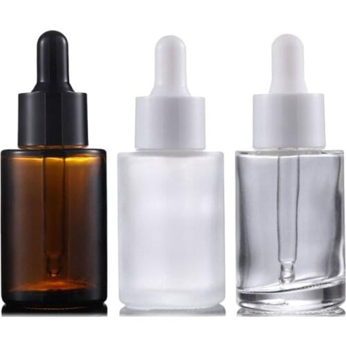 10pcs 30ml 1oz Empty Flat Shoulder Frosted Clear Amber Glass Essential Oil Serum Bottle With Glass Dropper
