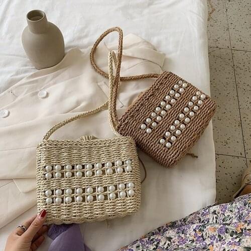 2021 Summer New Trend Beaded Woven Womens Shoulder Bag Ladies Rattan Travel Beach Bag Fashion Mini Mobile Phone Bag Versatile