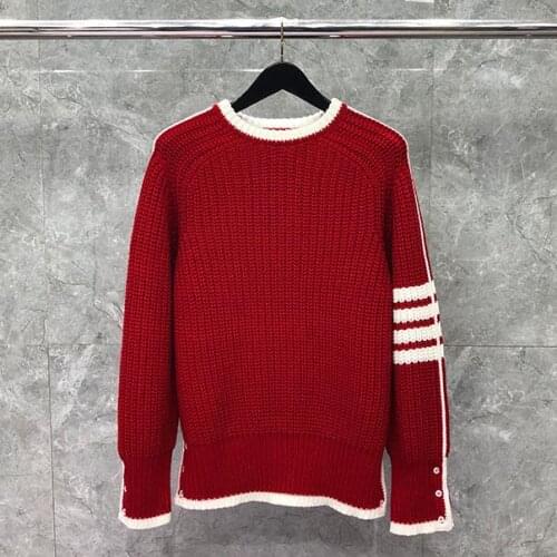 2021 Fashion Brand Sweaters Men Women Slim O-Neck Red Pullovers Clothing Striped Wool Cotton Thick Winter Casual Coat