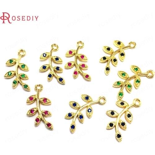 38393)10PCS 10x18MM 24K Champagne Gold Color Brass and Zircon Tree Branches Charms Pendants Diy Jewelry Findings Accessories