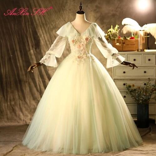 AnXin SH vintage princess light green lace v neck illusion beading crystal rose flower long flare sleeve bride evening dress