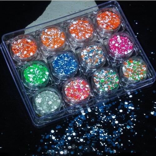 1Set Luminous Nail Glitter 12 Jars Hexagon Fluorescent Flake Glow in the Dark Sequins Mixed Size Chunky 12 Colors Neno Glitter