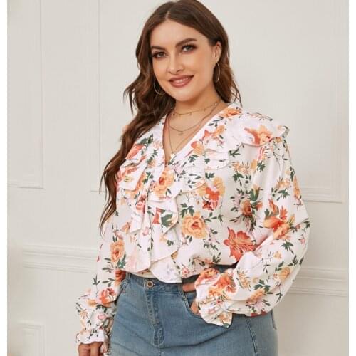 Autumn Blouses Shirt For Women Fashion Long Sleeve V Neck Floral Shirt Tops Plus Size Women Ruffled Blouse Large Ladies Clothing