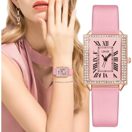 Women Rectangle Diamond Rome Watches Luxury Ladies Leather Strap Quartz Wrist Watches Montre Femme