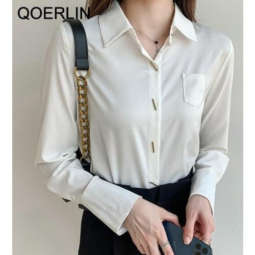 QOERLIN Elegant Shirts Women Elegant White Womens Blouse with Lush Sleeves 2021 Fashion Button Up Shirt Turn-Down Collar Tops