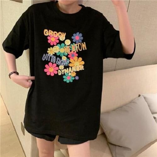Women T-shirts hip hop Streetwear Harajuku short sleeve tshirt clothes vintage album Tshirt Tops Summer Flower print oversized