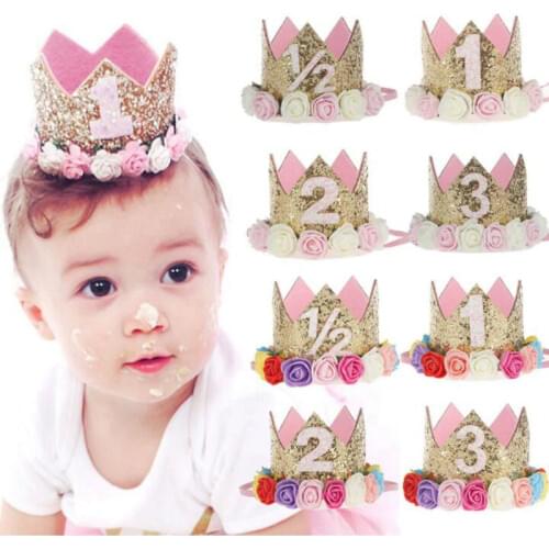 Naturalwell Flower Crown Newborn Headband Gold Birthday Crown Flower Tiara Headband for Girls Party Headwear Hair Bands HB222D