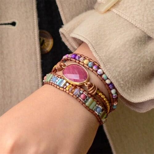 BOHO Leather Bracelet Red Stone Bracelets Handmade