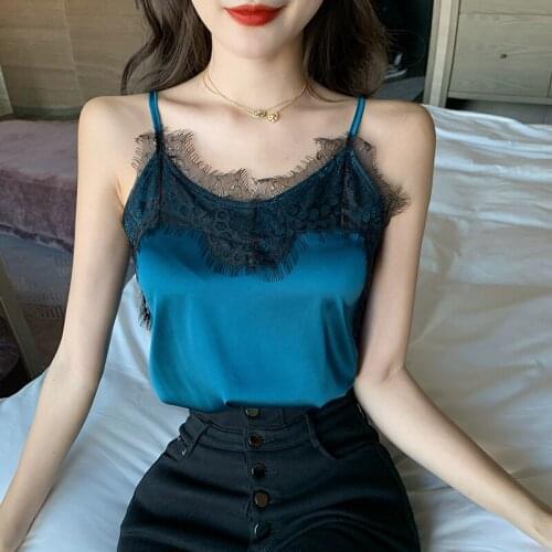 2020 Silk Crop Top Women Blouses Lace Vest Summer Top Wireless Lingerie Splice Sexy V-Neck Tank Top Tee Camisole feminino