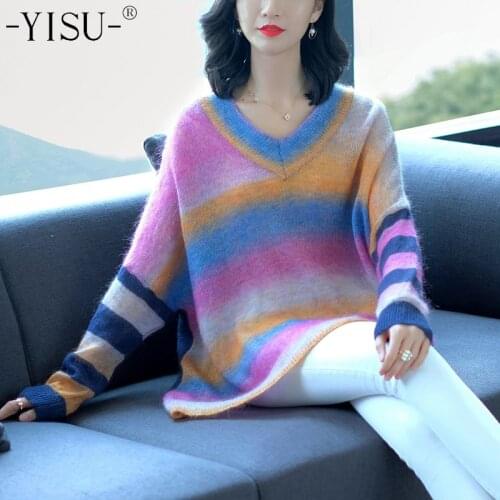 YISU Fashion rainbow Sweater Autumn Women Mohair Sweater Pullover top Knitwear Loose Jumper Long Sleeve wool Sweaters