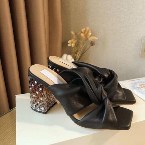 Womens Mules New Design Slides Gradient Cystal Decor Heels Cross Tie Genuine Leather Slippers Leisure Luxury Brand Deigner Shoe