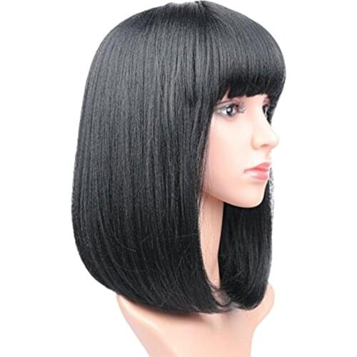 Human Hair Bob Wig Short Staright Full Black Wig Neat Bangs Women Fashion